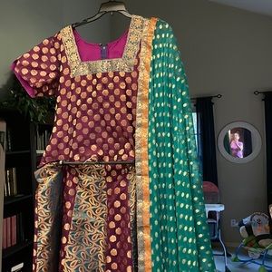 Gagara set chanderi design with rich gold work. Worn once. Size large